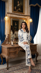 Women’s Cream and Navy Toile Print Satin
