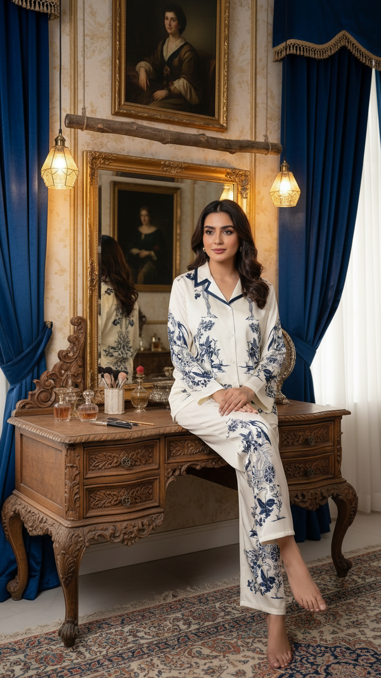 Women’s Cream and Navy Toile Print Satin