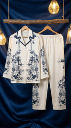 Women’s Cream and Navy Toile Print Satin