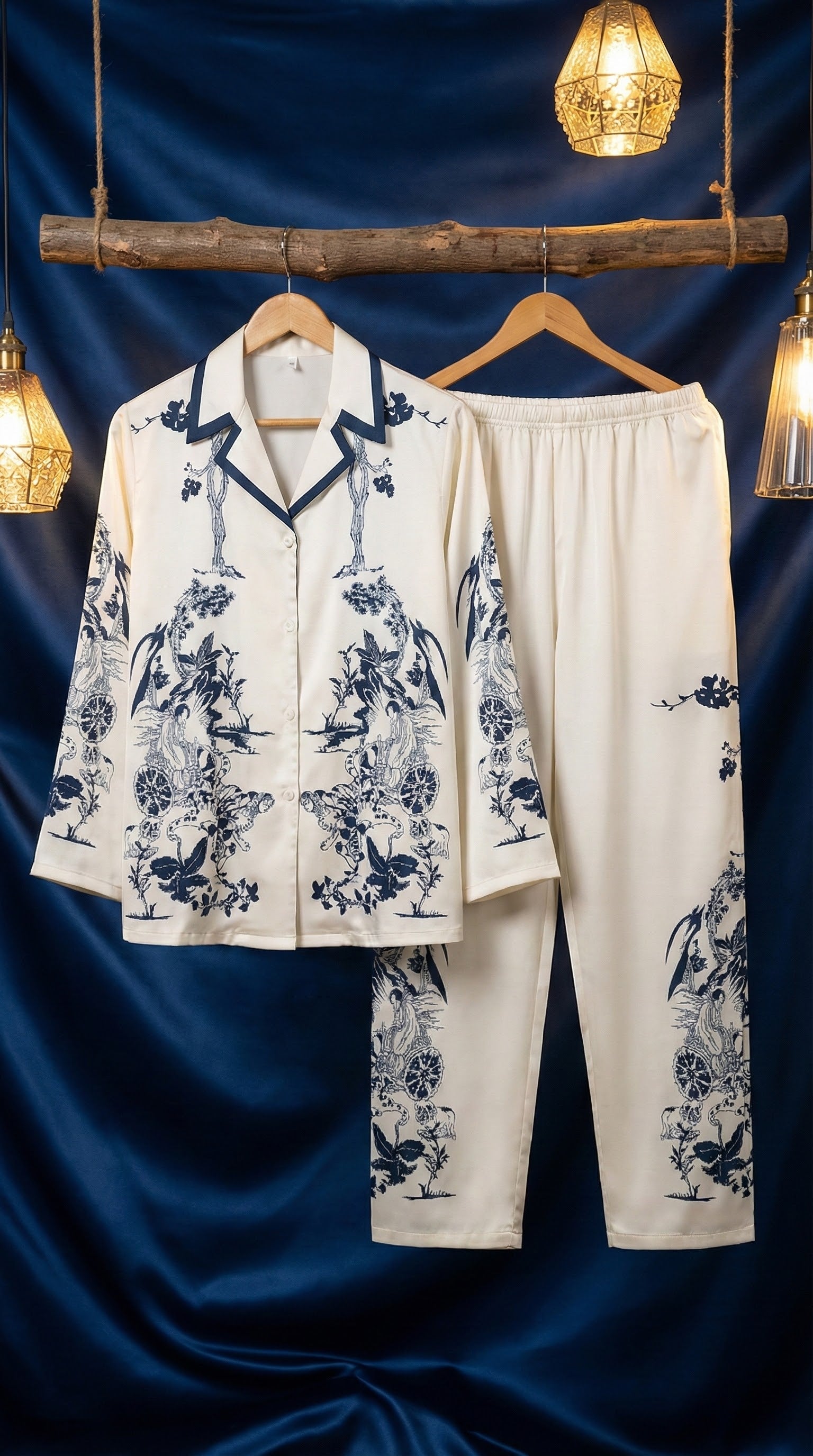 Women’s Cream and Navy Toile Print Satin