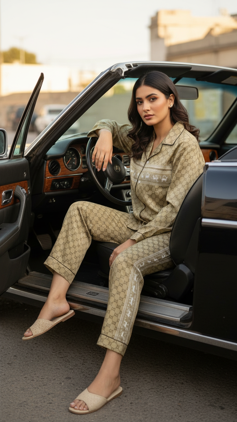 Golden Tan Geometric Pajama Set with Reindeer Border