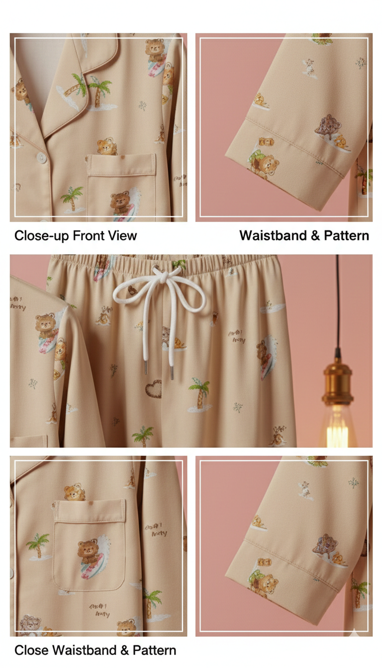 Beige Surfing Bear Button-Up Pajama Set