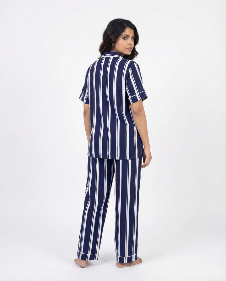 Linen PJ Set - Navy Stripe