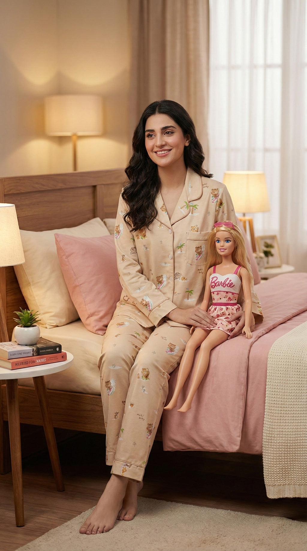 Beige Surfing Bear Button-Up Pajama Set