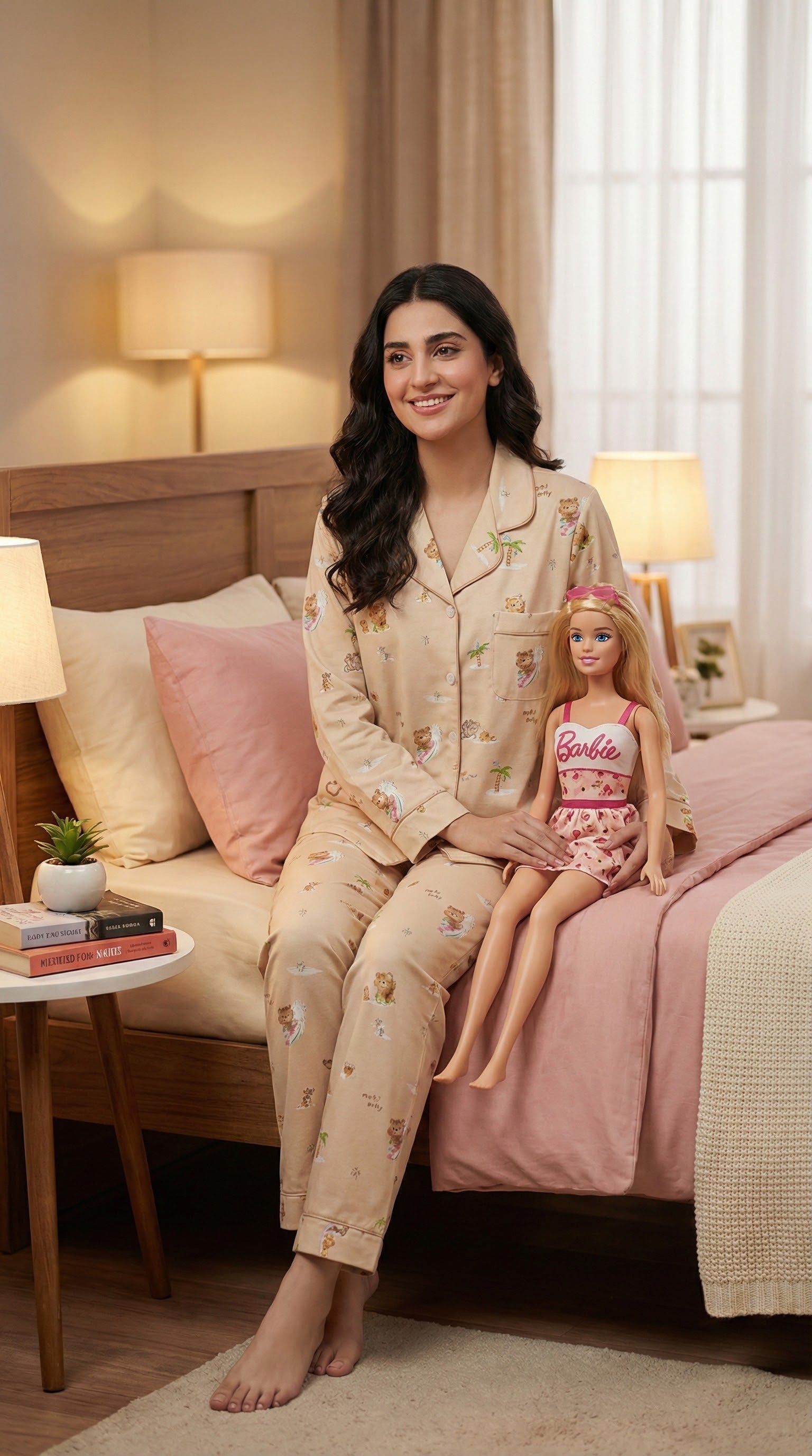 Beige Surfing Bear Button-Up Pajama Set
