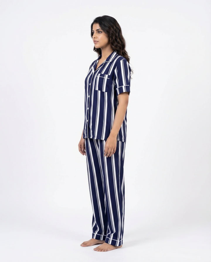 Linen PJ Set - Navy Stripe