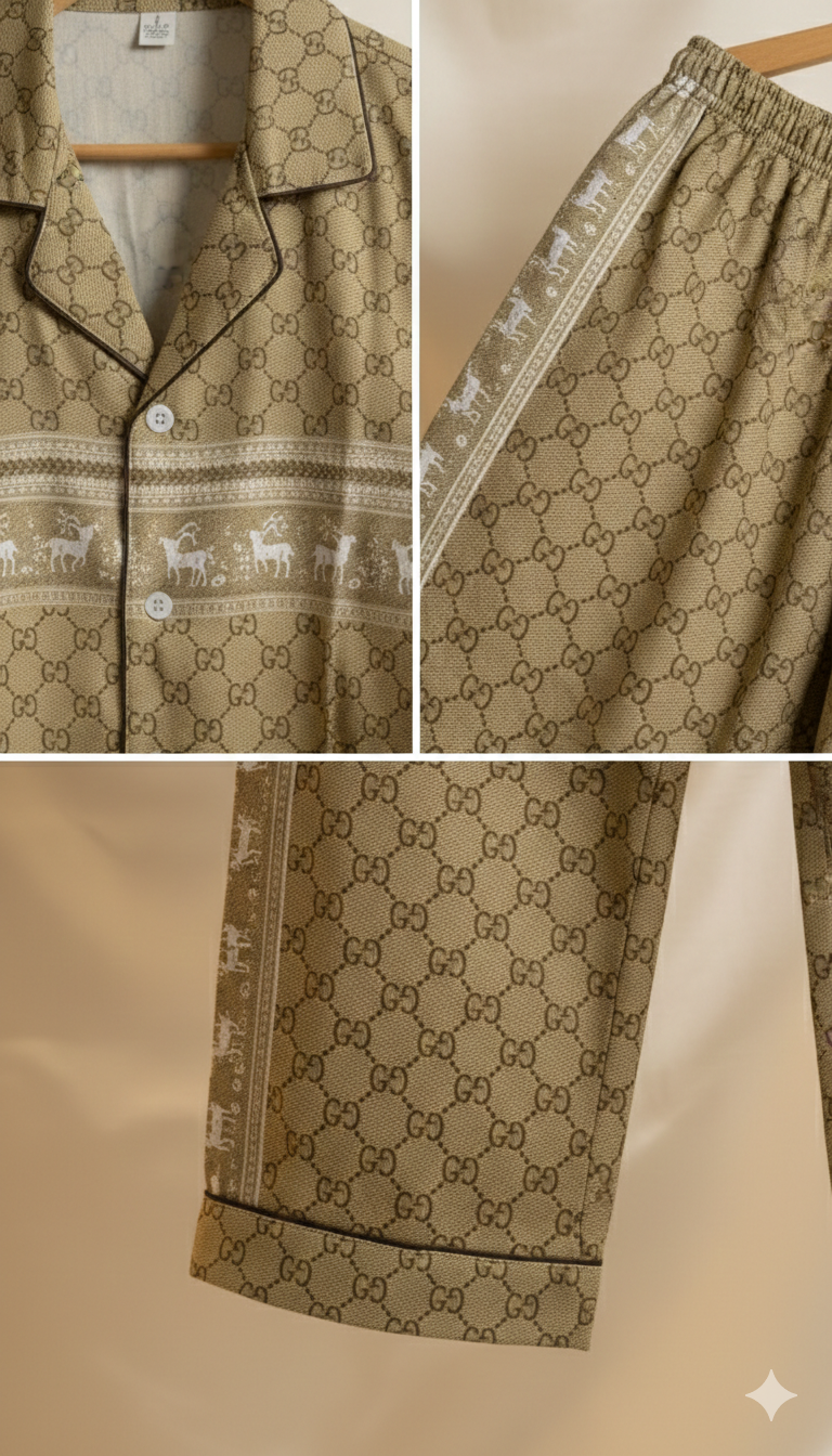 Golden Tan Geometric Pajama Set with Reindeer Border