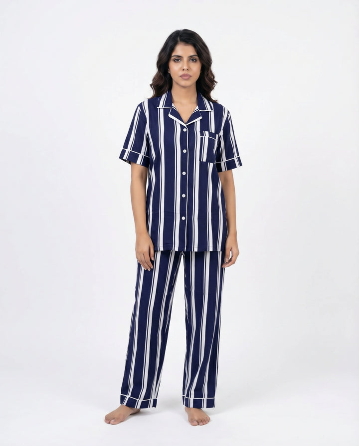 Linen PJ Set - Navy Stripe